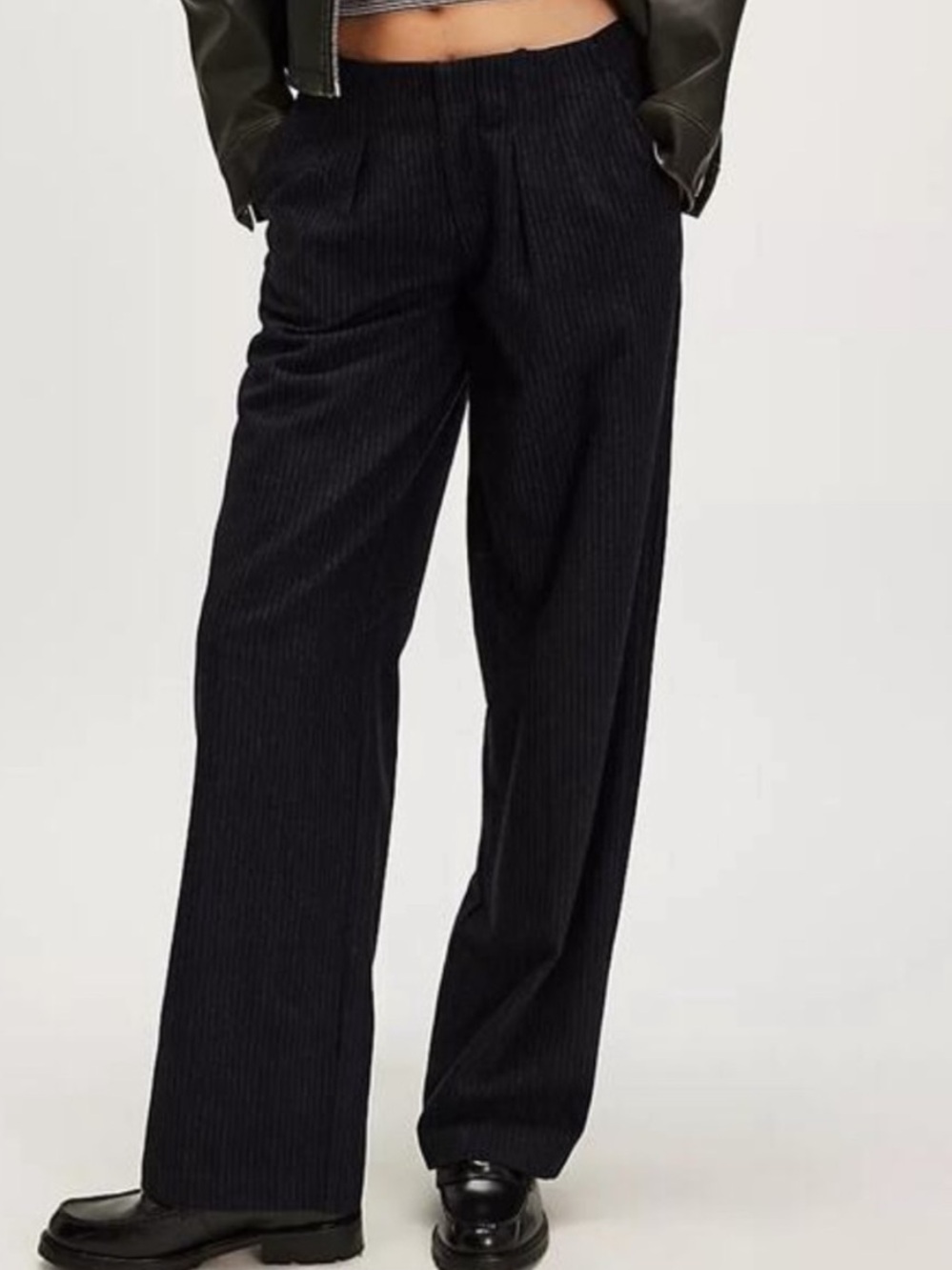 Free People 0 Pants Bond Low-Rise Trousers Navy Combo pinstripe wool pockets NWT